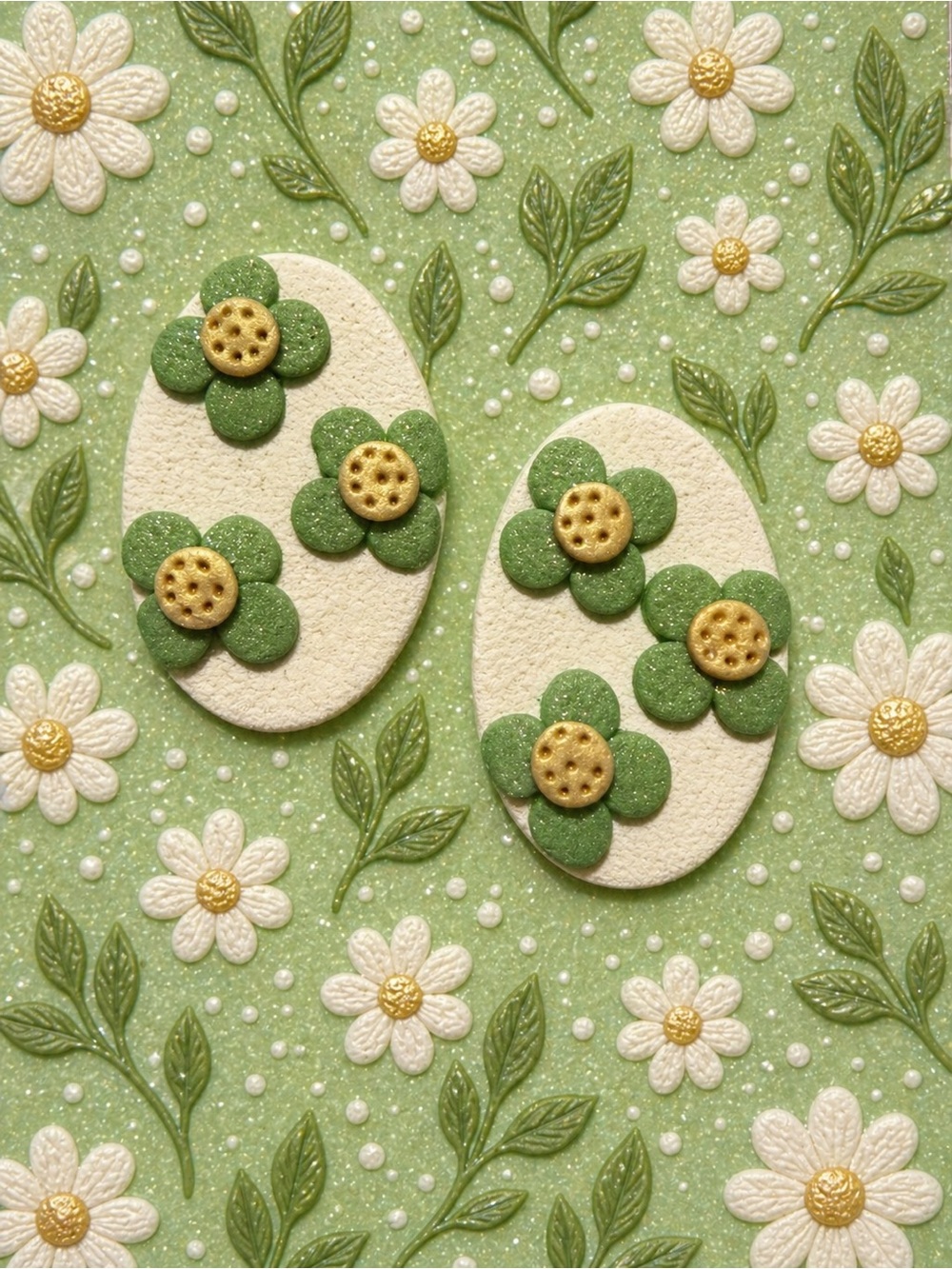 Green Flower Button Oval Handmade Polymer Clay Earrings - Cute Floral Studs